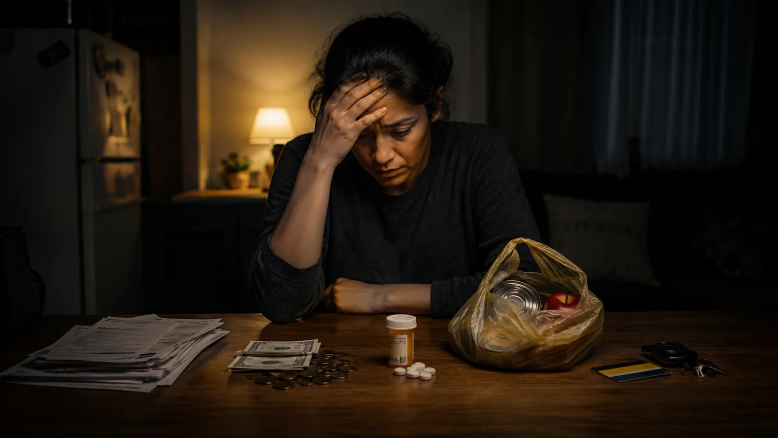 A stressed woman sits at a table with bills, cash, medicine, groceries, and keys, reflecting the difficult financial choices caused by poverty.